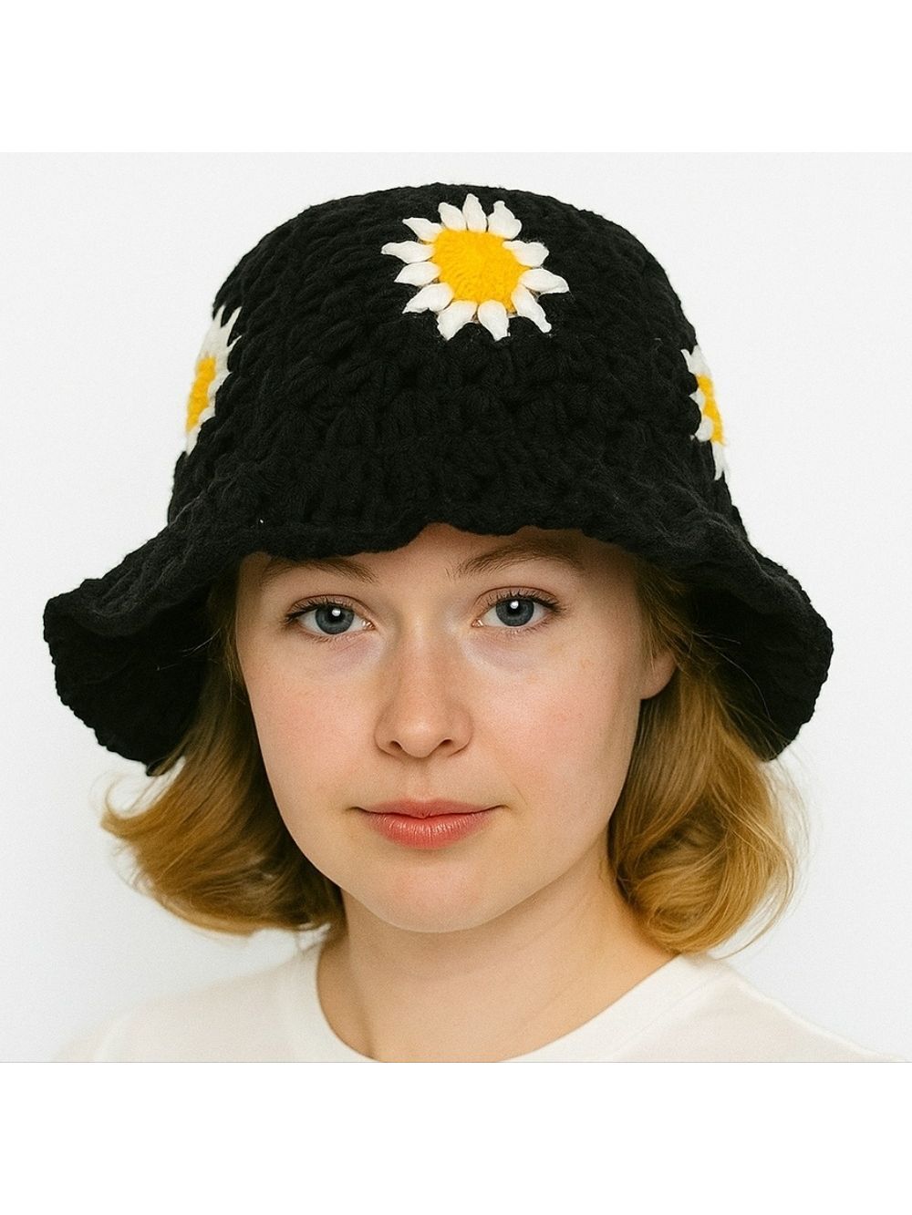 Handmade Upcycled Handcrafted Crochet Bucket Hat Black Yellow White Floral knit